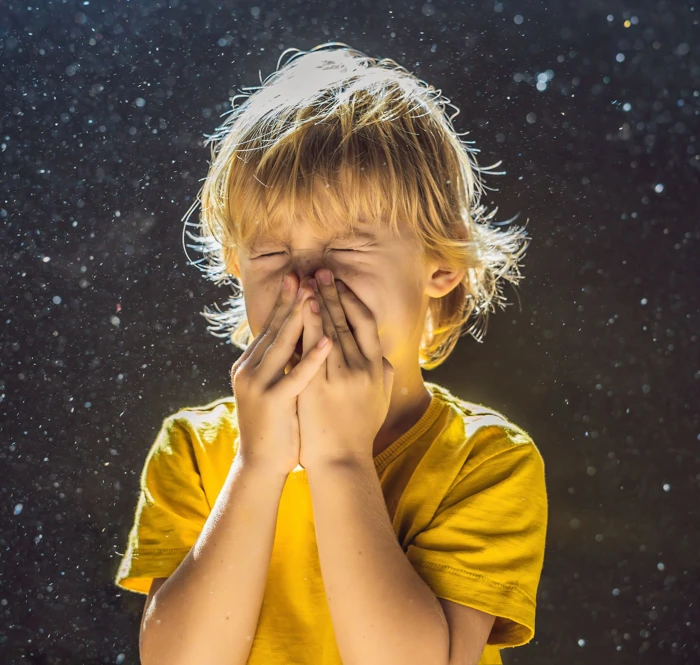 indoor-air-quality-allergy-concerns-south-jordan-utah Child sneezing around airborne dust and particles, illustrating indoor air quality and allergy concerns for South Jordan, Utah homeowners.