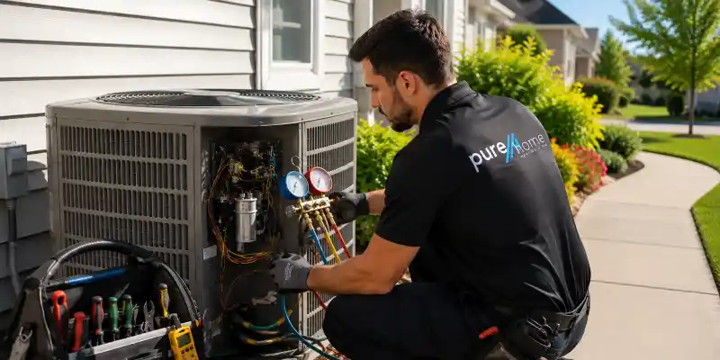 purehome-ac-repair-technician-diagnosing-air-conditioner-riverton-utah PureHome Heating + Air technician diagnosing a residential air conditioning system during an AC repair service at a Riverton, Utah home using professional HVAC diagnostic gauges on a sunny summer day.